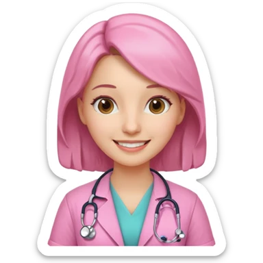 female doctor wearing pink medical outfit with stethoscope, realistic face sticker