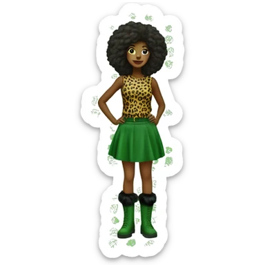 Green girl with panter print top on, panterprint skirt and panterprint fur boots sticker