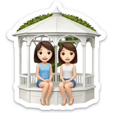 Two small brunette women sitting inside a large white gazebo sticker