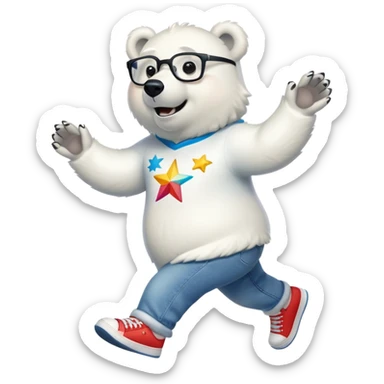 friendly anthropomorphised polar bear walking energetically, excited expression, wearing shirt, jeans, trainers, large multicolored star-shaped glasses sticker