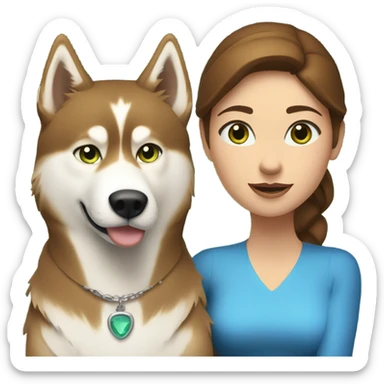 Brown hair  woman with blue eyes with a golden Husky with green eyes sticker