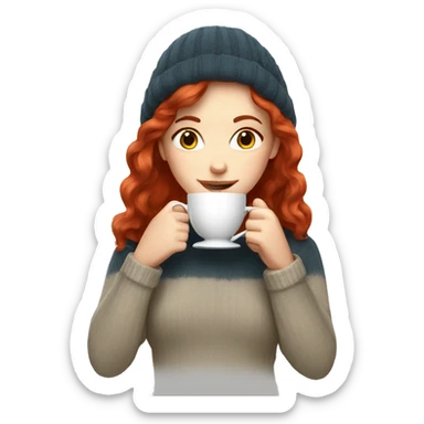 White girl red hair in a sweater sipping tea  sticker