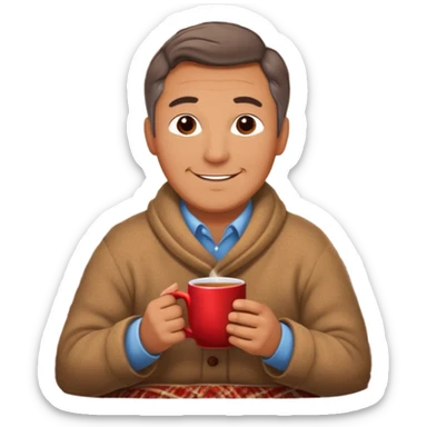 Cozy handsome middle aged man sitting next to a nice fireplace with a hot apple cider, blanket, and plate of chocolate cookies. sticker