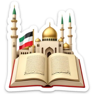 An icon featuring the mosque and the big flag of United Arab Emirates, symbolizing the Arabic language. The design includes an open book with Arabic script and calligraphy, representing language learning and cultural heritage. Transparent background sticker