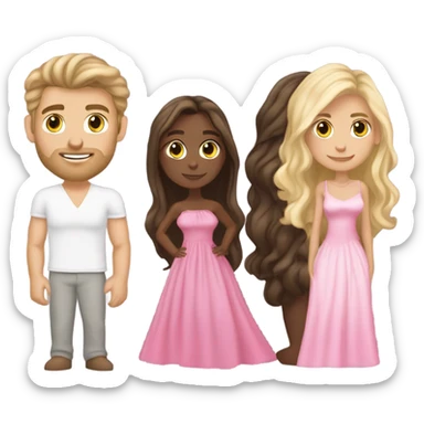 A handsome pale Greek god man who has long brown hair and tanned skin with a pretty black skinny tall model woman who has long voluminous brown & blonde highlights hair  and she is wearing a pink dress and they are a couple sticker