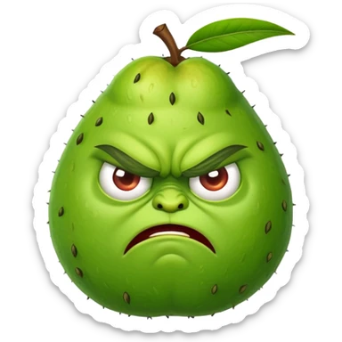 Angry guava fruit character with furrowed eyebrows and grumpy expression sticker