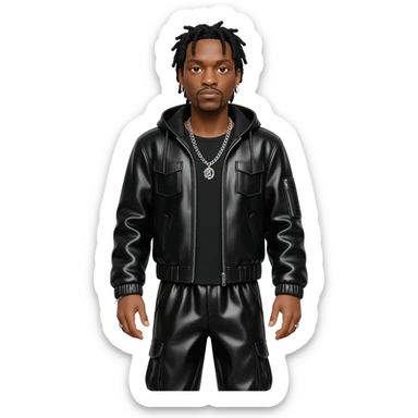 Timbaland with black hair, black metallic t-shirt, black metallic jacket, black metallic baggy pants, silver necklace sticker