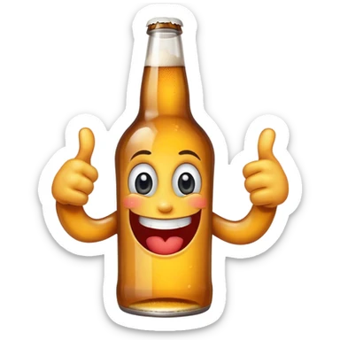 A beer bottle with a big smile and expressive eyes giving a BIG thumbs-up sticker