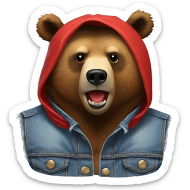 grizzly bear wearing sleeveless jean jacket and red bandana around head with open mouth sticker