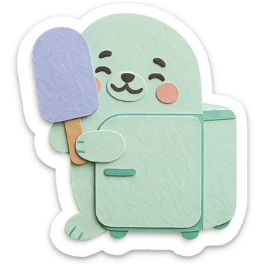 cute seal shaped like a tiny refrigerator, hugging a popsicle, blushing, soft mint colors, full-body sticker