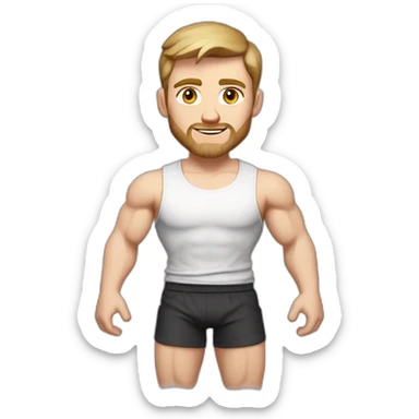 Full height Pale skinned fit man With biceps, Realistic eyes and mouth, light brown hair and stubble In dark gray sleeveless mike, black oversize sports shorts, watch and white sneakers. sticker