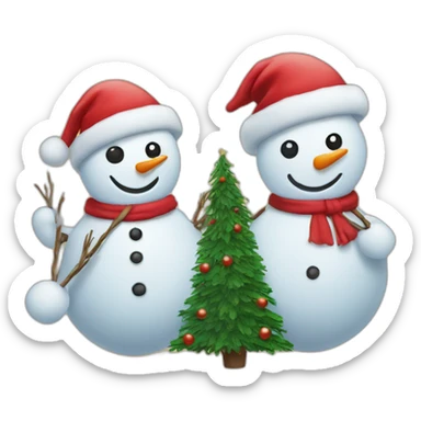 two snowmen in red hats dragging a Christmas tree sticker