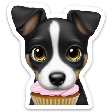 Cute big eyed Black and white girl teddy Roosevelt terrier puppy runt (no brown) eating a cupcake sticker