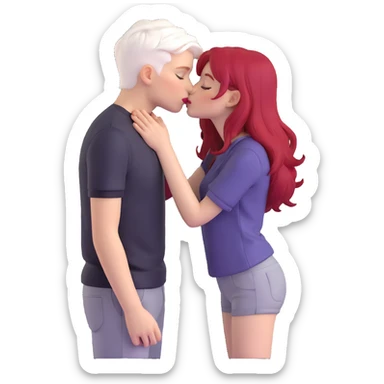 couple kissing, boy with PAPER WHITE SHORT HAIR (completely white), dark shirt, girl with long cherry red hair, light clothes sticker