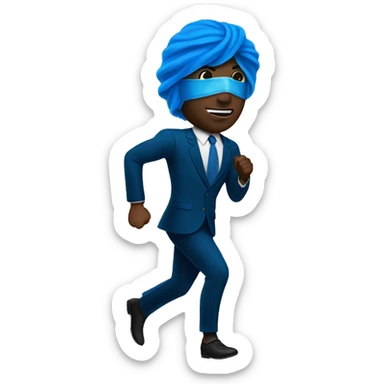 A black man running with a blue mask and suit sticker