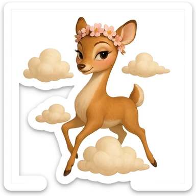 Pixar-inspired elegant feminine vanilla cloud doe, rosy cheeks, cherry blossom crown, floating gracefully, confident charming subtly alluring vibe sticker