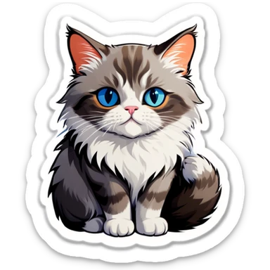 Grey fluffy cat oranges eyes and white-beige cat blue eyes cuddling sticker