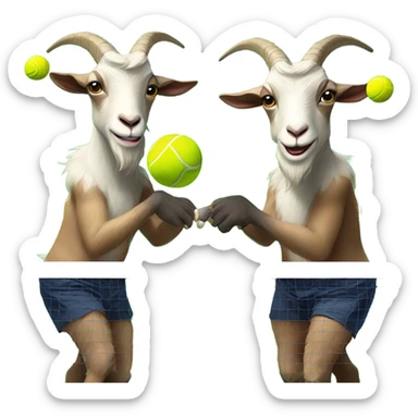 Two bearded goats playing tennis in shorts and no shirt sticker