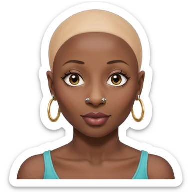Grown black (proud) woman, bald with a perfect head, a prominent nose with a septum piercing, many piercings on her ears, a gap between her front teeth and very long nails (cynthia erivo) sticker