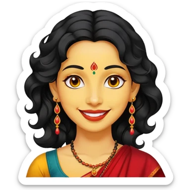 "- Phụ nữ
- 35 tuổi
- Da vàng
- Tóc đen xoăn nhẹ
- Có chấm đỏ Bindi, đeo khuyên tai
- Mặt cười
" sticker