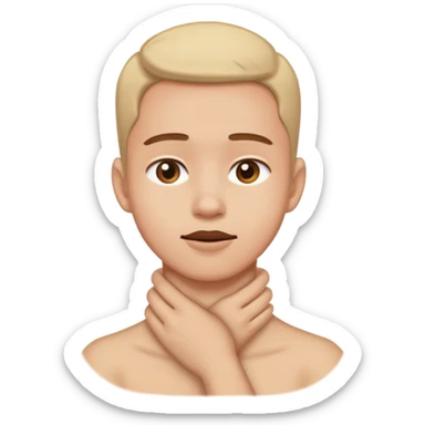 person grabbing their neck sticker