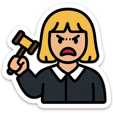 angry judge with blonde shoulder-length hair and bangs sticker