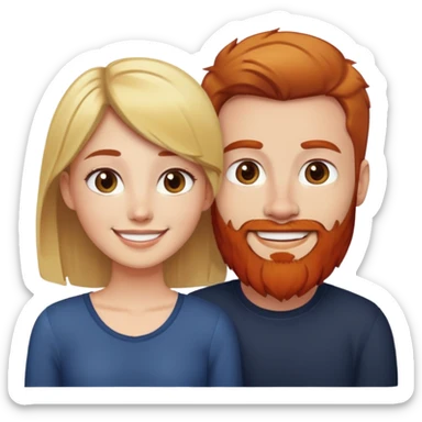 Girl with short brown hair smiling next to man with blonde hair and red beard. sticker