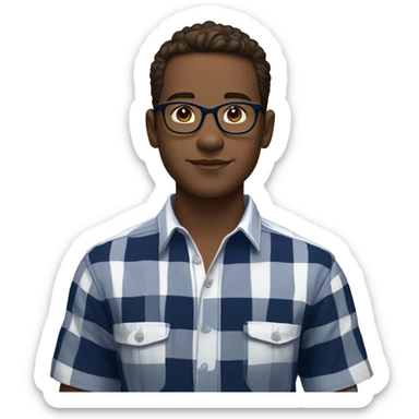 A young male teenager with facial stubble, thick black glasses, neatly trimmed short brown hair, exuding confidence, clad in an unbuttoned navy blue and white checked plaid short sleeve shirt. sticker