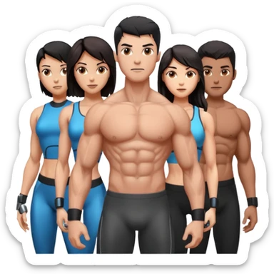 five muscular people, a mix of men and women, each with cybernetic enhancements sticker