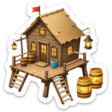 
fisherman house on a wooden pier, small dock, fishing nets hanging, barrels, lantern, ocean vibe, 3D cartoon, cute mobile game icon, clean background, no text
 sticker