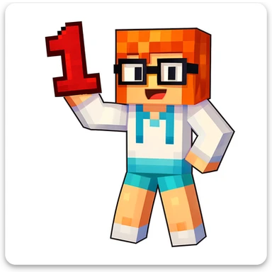 Add the number 1 held in the character's hand, keeping the original Minecraft cartoon style and pose exactly the same, only add the number 1 without changing anything else. sticker