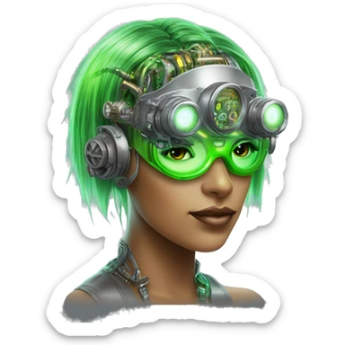 Neon green bobbed hair Latina female cyborg head with silver steampunk goggles and circuits sticker