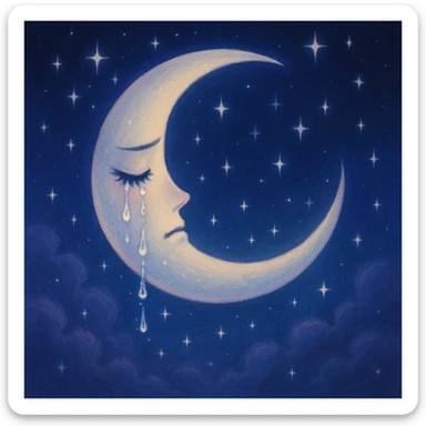 dreamy crescent moon with closed teary eyes, sparkles as tears, surrounded by stars, navy-to-indigo gradient, soft clouds, nightcore aesthetic sadness sticker