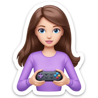 beautiful barbie girl with long brown hair, blue eyes and wearing light purple clothes playing console games with controller sticker