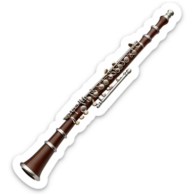 Cinematic Realistic Oboe, slender and elegant dark wood body, silver-plated keys catching soft highlights, delicate reed resting at the top, glowing with refined and classical beauty. sticker