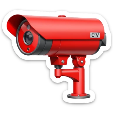 Minimalist emoji-style sticker of a CCTV camera with a glowing red record light, facing forward. Flat icon, grayscale with small red accent.
 sticker