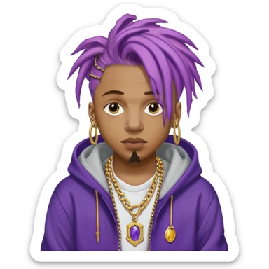 Juice WRLD with purple dreadlocks, 999 tattoo, gold chain, and hoodie sticker