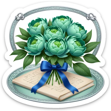 A beautifully ornate silver tray holding a bouquet of soft green peonies and a love letter tied with a deep blue ribbon. sticker