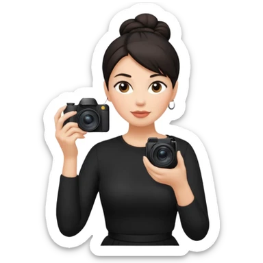 middle aged woman photographer with dark hair in a bun, wearing black clothes sticker