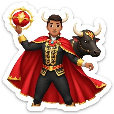 Create a realistic image of a traditional bullfighting scene in a Spanish arena.
Show a bullfighter (matador) HOLDING a red cape (muleta) not wearing one. as a powerful black bull charges toward it. NOT riding the bull. sticker