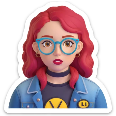 young woman with bright red hair, blue glasses, black choker, septum ring, denim jacket, yellow-red 'LIB' patch, neutral cute expression sticker