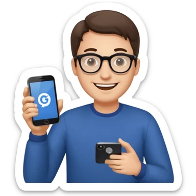 happy man leaving review on google on his phone sticker