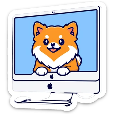 iMac monitor with a Pomeranian dog photo displayed on screen sticker