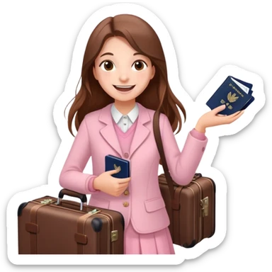 Excited smiling sweetly 🥹🥰🦋 Girl with long brown hair with a suitcase, ready for travel, passport in hand and many butterflies around pale pink  sticker