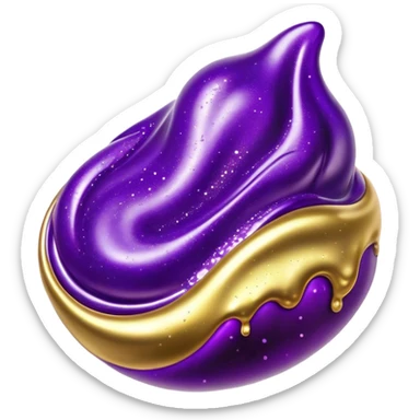 Cinematic Realistic Shiny Slime Mixed with Glitter, thick and glossy with swirling metallic flecks suspended inside, a dynamic mix of deep purple and golden sparkles, light catching every shimmer, flowing smoothly with realistic folds and ripples, glowing with an enchanting, almost liquid-metal effect. sticker