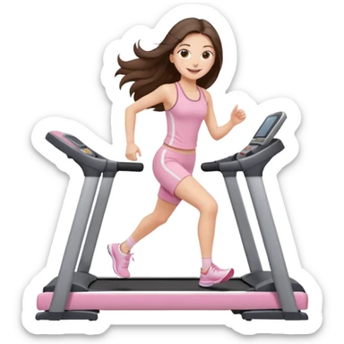 happy long haired brunette girl hazel eyes in light pink walking on treadmill  sticker