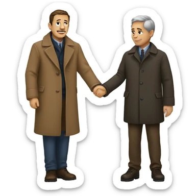 a man in a coat holds a child's hand sticker