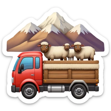 3D emoji of a Peruvian truck transporting sheep in the back, wooden cargo bed, Andes mountain landscape, dusty countryside road, glossy finish, bold outlines, vibrant natural colors, sticker design, transparent background sticker