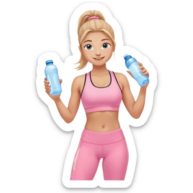 Fit wellness girl – sun-kissed skin, high ponytail, bright blueish eyes, baby pink sports-bra + leggings, holding water bottle, calm confident smile sticker