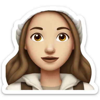 white girl with brown hair and dark brown eyes wearing a white and brown winter outfit sticker